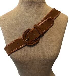 Vintage Lands End tan suede leather belt Western braided trim and buckle 90s Y2K